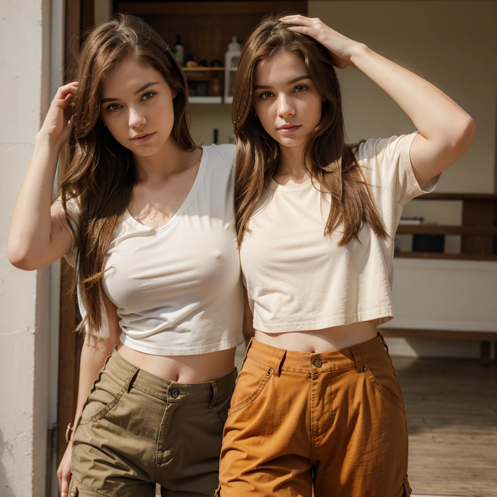 A beautiful young woman, in her late 20's, pale white skin, long light brown hair, orange eyes, wearing loose fitting brown cargo pants, wearing a red cropped t-shirt