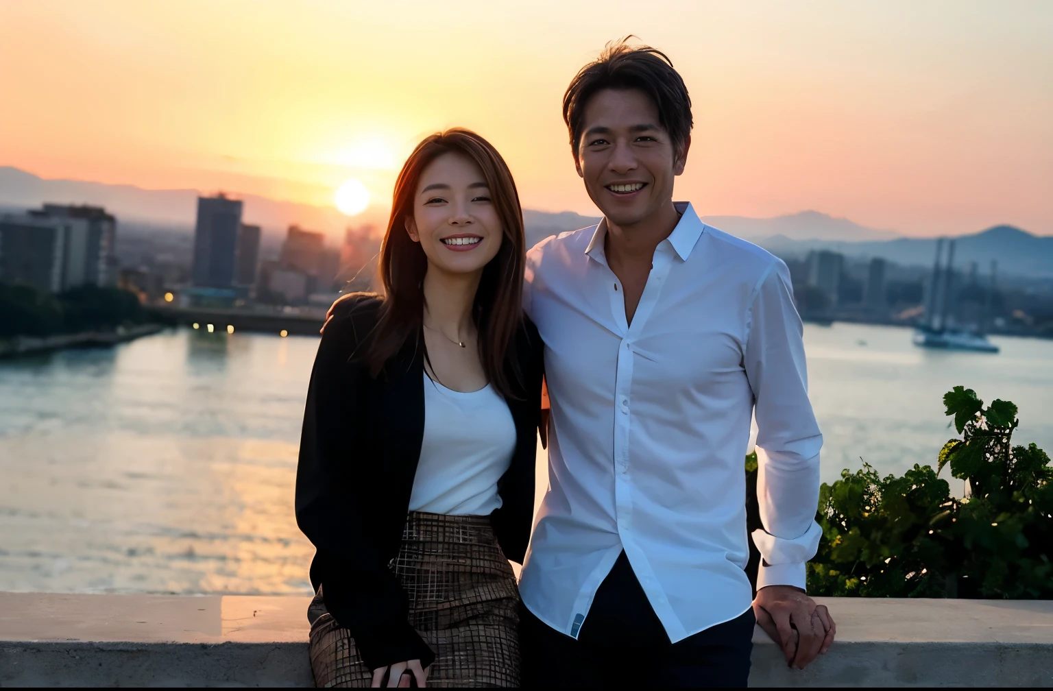 ((best quality、、masterpiece:1.3))、1 man 1 woman、42 years old 36 years old、slender beauty、beautiful couple、Smile、 (slim face and body, (brown hair), (shortcut), テーブルのフルコースディナーとWine glasses、Magnificent view of sunset sky and clouds、Smileの美しさ、Wine Bottle、Sparkling wine、Long-sleeved shirt、skirt、Liquor, red wine, Wine glasses,