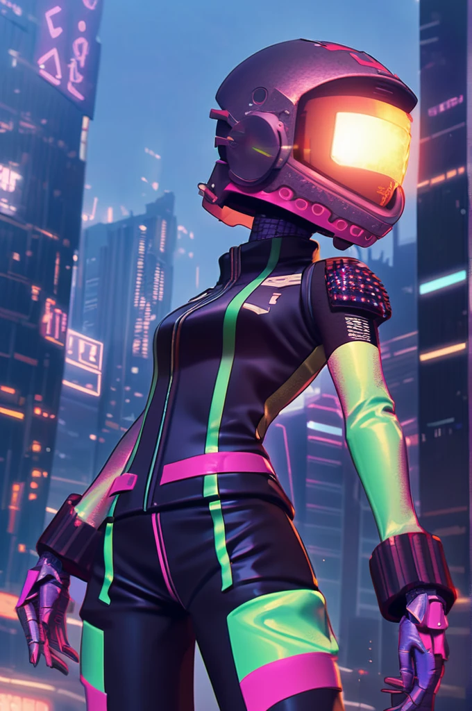 ((Лучшее качество)), ((шедевр)), (подробный), 1 girl, tight biker costume, cyber punk, (cyber punk:1,8), bent slightly in front, , bodysuit, chest, building, city, gun, helmet, closed biker helmet, science fiction, solo