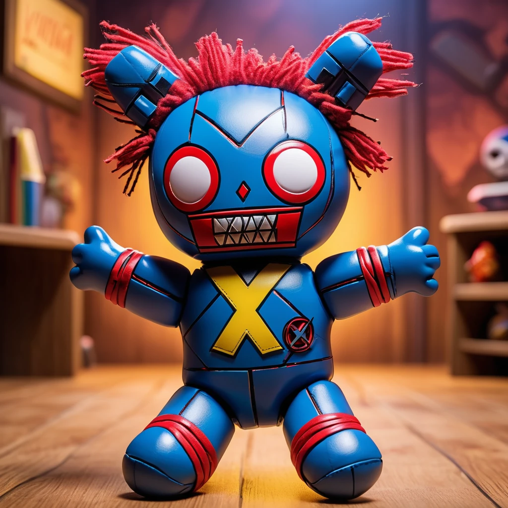 (knitted toy voodoo doll:1.7), (Voodoo Doll in an X-Men Setting:1.3), (Clothing: superhero suit with an X emblem:1.0), (Accessories: enchanted mutant power emitting a radiant glow, floating comic book pages:1.1), (background: Xavier's School for Gifted Youngsters with sprawling grounds, training rooms, and an atmosphere of heroic action and camaraderie:1.2), best quality, masterpiece, detailed soft oil painting, detailed background, dramatic cinematic lighting, soft edge lighting, professional, dramatic lighting, hard edge lighting, ultra quality, 4k, masterpiece, best quality, 8k, ultra high definition, high resolution, extremely detailed