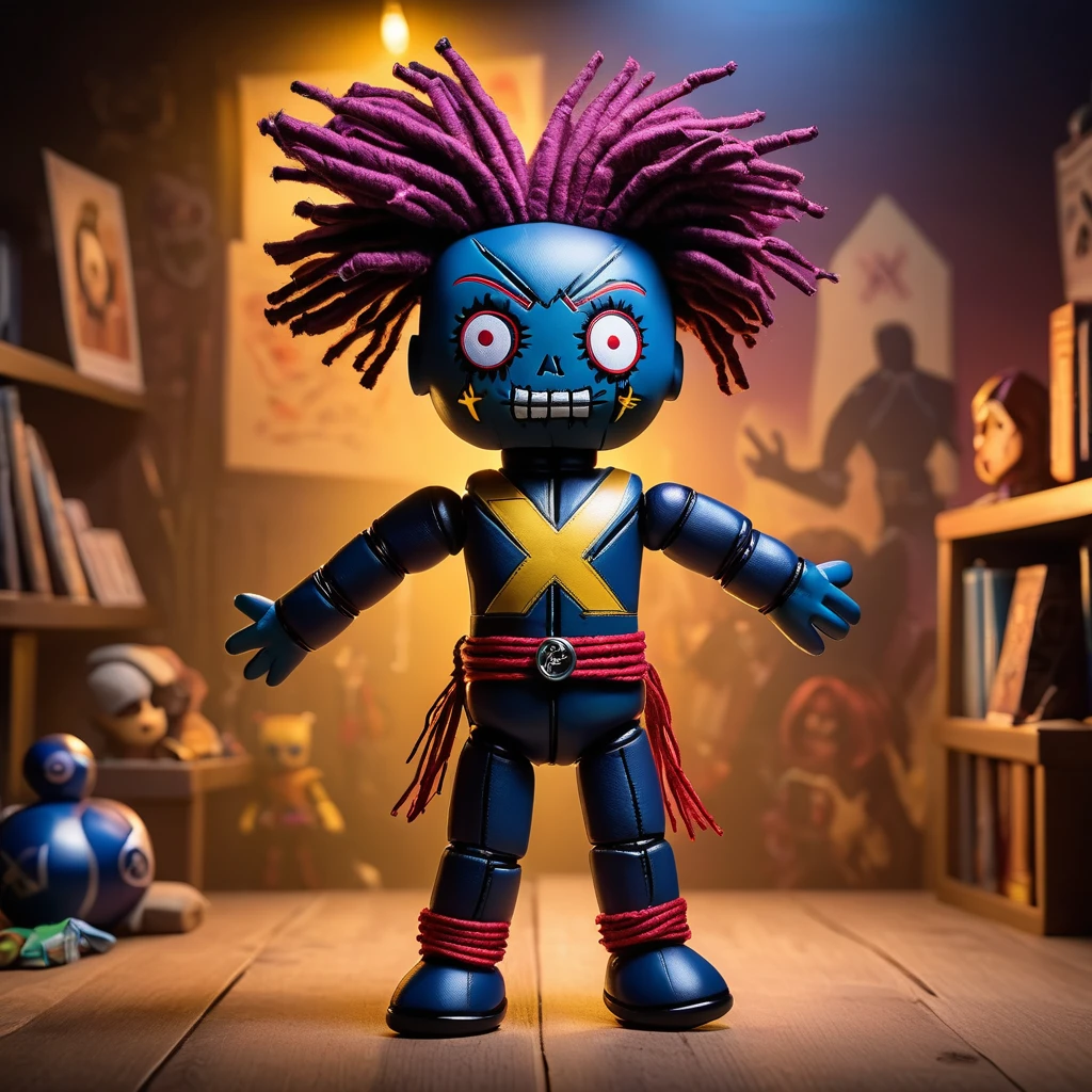 (knitted toy voodoo doll:1.7), (Voodoo Doll in an X-Men Setting:1.3), (Clothing: superhero suit with an X emblem:1.0), (Accessories: enchanted mutant power emitting a radiant glow, floating comic book pages:1.1), (background: Xavier's School for Gifted Youngsters with sprawling grounds, training rooms, and an atmosphere of heroic action and camaraderie:1.2), best quality, masterpiece, detailed soft oil painting, detailed background, dramatic cinematic lighting, soft edge lighting, professional, dramatic lighting, hard edge lighting, ultra quality, 4k, masterpiece, best quality, 8k, ultra high definition, high resolution, extremely detailed