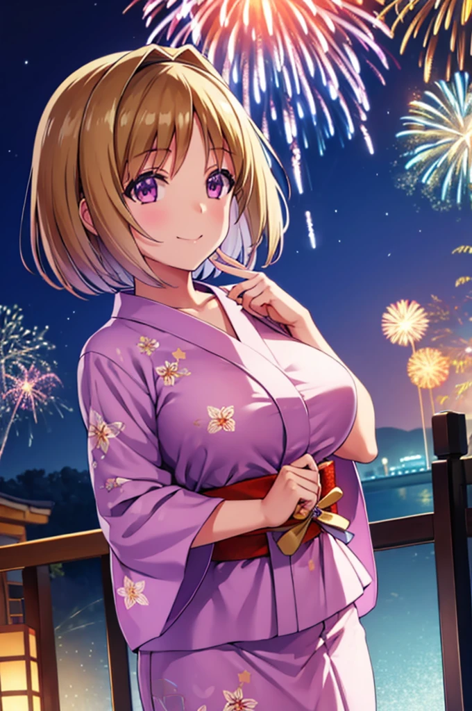 (masterpiece:1.3), (best quality:1.1), (8k, ultra detailed, ultra high res:1.3), ((anime style)), (perfect 5 fingers, perfect anatomy:1.1),
1girl,
Kushida Kikyou, smile,
BREAK short hair, bronze hair, purple eyes, yukata,
BREAK large breasts, looking at viewer, (cowboy shot:1.1), BREAK detail background, outdoor, outside, (floral pattern yukata:1.1), (late night:1.2), sky, (fireworks in night sky:1.2), (night sky:1.1), big fireworks,