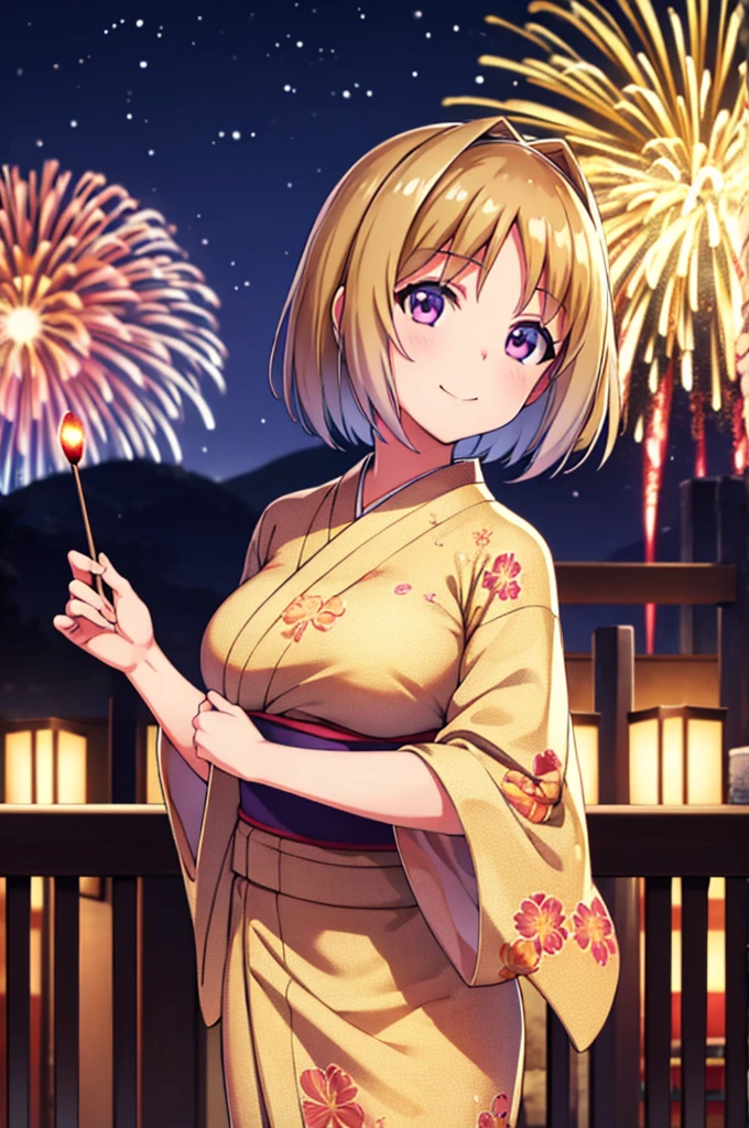 (masterpiece:1.3), (best quality:1.1), (8k, ultra detailed, ultra high res:1.3), ((anime style)), (perfect 5 fingers, perfect anatomy:1.1), 
1girl,
Kushida Kikyou, smile, 
BREAK short hair, bronze hair, purple eyes, yukata, 
BREAK large breasts, looking at viewer, (cowboy shot:1.1), BREAK detail background, outdoor, outside, (floral pattern yukata:1.1), (late night:1.2), sky, (fireworks in night sky:1.2), (night sky:1.1), big fireworks, 