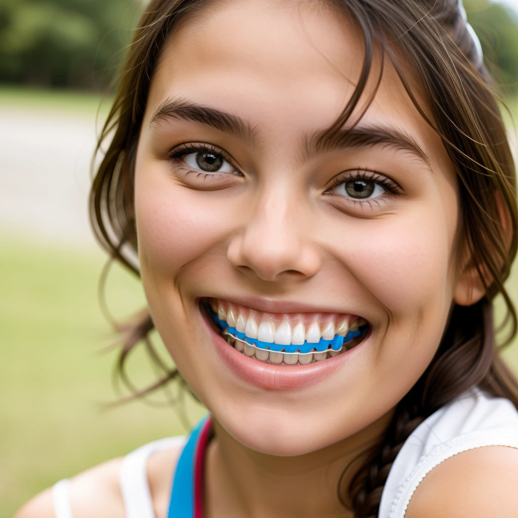 girl wearing orthodontic braces, facing the camera, smiling
