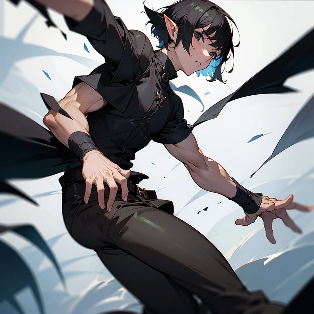 A man with short hair, black hair, black eyes, black shirt, elf race.