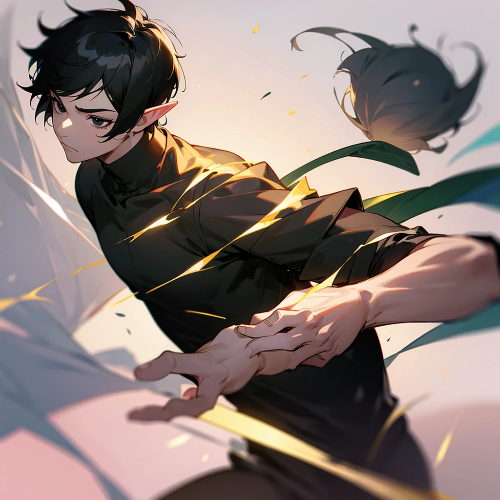 A man with short hair, black hair, black eyes, black shirt, elf race.