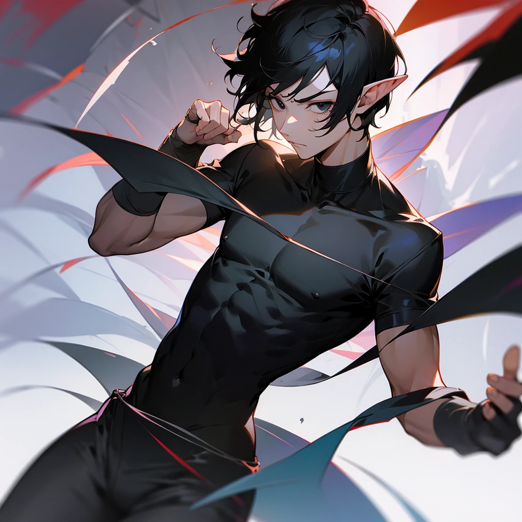 A man with short hair, black hair, black eyes, black shirt, elf race.