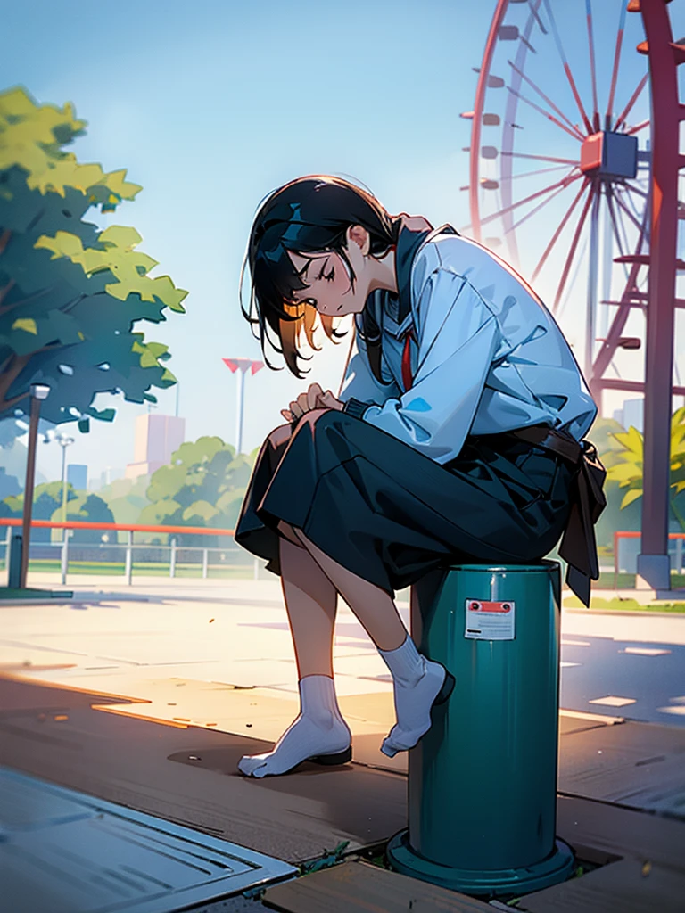 One with tired feet in an amusement park