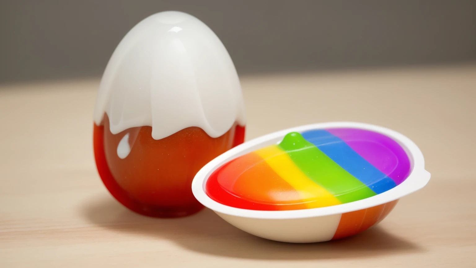 on a wooden table, стоят две половинки plasticового яйца Kinder. Kinder egg-shaped packaging ((plastic)). in one of the halves there are rainbow drips of chocolate cream,  Multiple light sources, Beautiful sunlight, bright lighting, Realistic style , realistic texture, detailed texture, A high resolution, high quality, macro photo, ultra hd 4k quality.