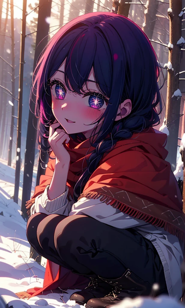 aihoshino, Ai Hoshino, Long Hair, bangs, (Purple eyes:1.1), Purple Hair, (Symbol-shaped pupil:1.5), smile,,smile,blush,White Breath,
Open your mouth,snow,Ground bonfire, Outdoor, boots, snowing, From the side, wood, suitcase, Cape, Blurred, , forest, White handbag, nature,  Squat, Mouth closed, Cape, winter, Written boundary depth, Black shoes, red Cape break looking at viewer, Upper Body, whole body, break Outdoor, forest, nature, break (masterpiece:1.2), Highest quality, High resolution, unity 8k wallpaper, (shape:0.8), (Beautiful and beautiful eyes:1.6), Highly detailed face, Perfect lighting, Extremely detailed CG, (Perfect hands, Perfect Anatomy),