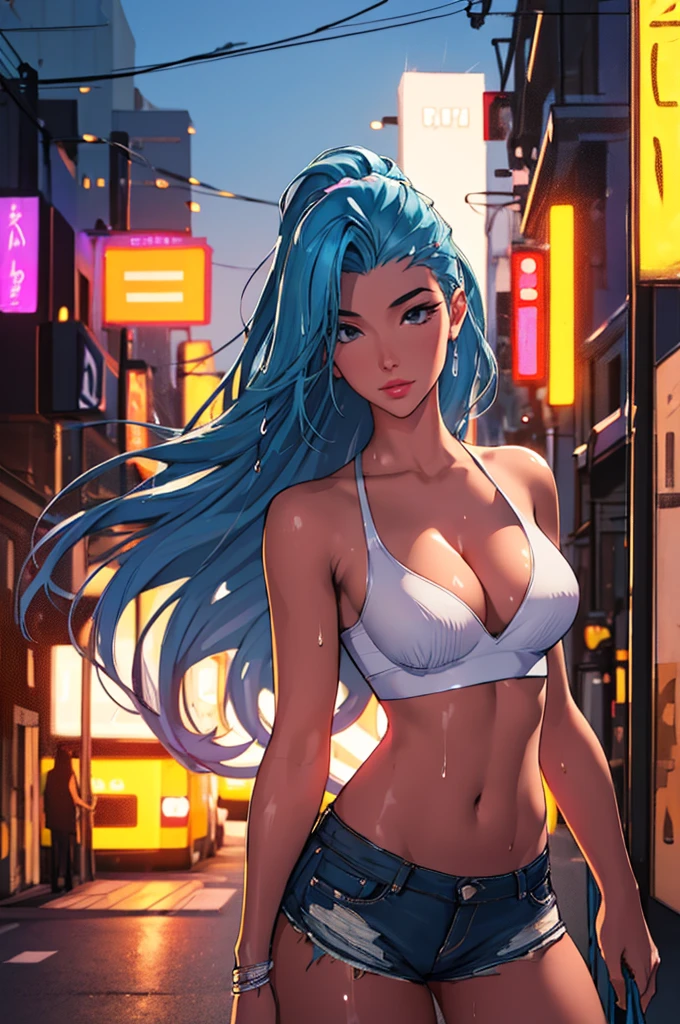 (best quality: 1.2), clean face, (masterpiece: 1.2, 8k)(PureErosFace_V1: 0.7), perfect anatomy, 1girl,a beautiful fashion model ,(masterpiece, official art, best quality) (wet skin, shiny skin) ,long and shiny hair, blue hair with streaks in hair, long hair, full lips, upturned nose , big breasts, looking at viewer, revealing outfit, absurdity, intricate details, city, dynamic pose, night, neon signs, cinematic lighting, (highly detailed skin: 1.2), wearing
short shorts and a tight white top, cleavage, torn clothes