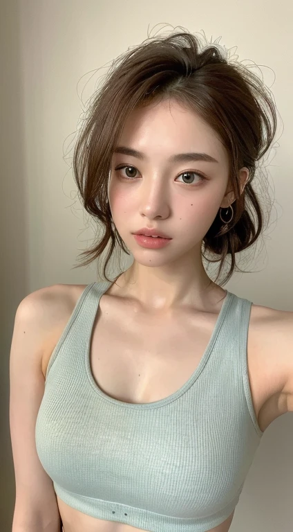 ((Highest quality, 8K, masterpiece :1.3)), One girl, Beautiful woman with slim abdominal muscles :1.3, (Random Hairstyles :1.2), Oversized tank top :1.2, Highly detailed face, Fine grain, double eyelid, Underarm