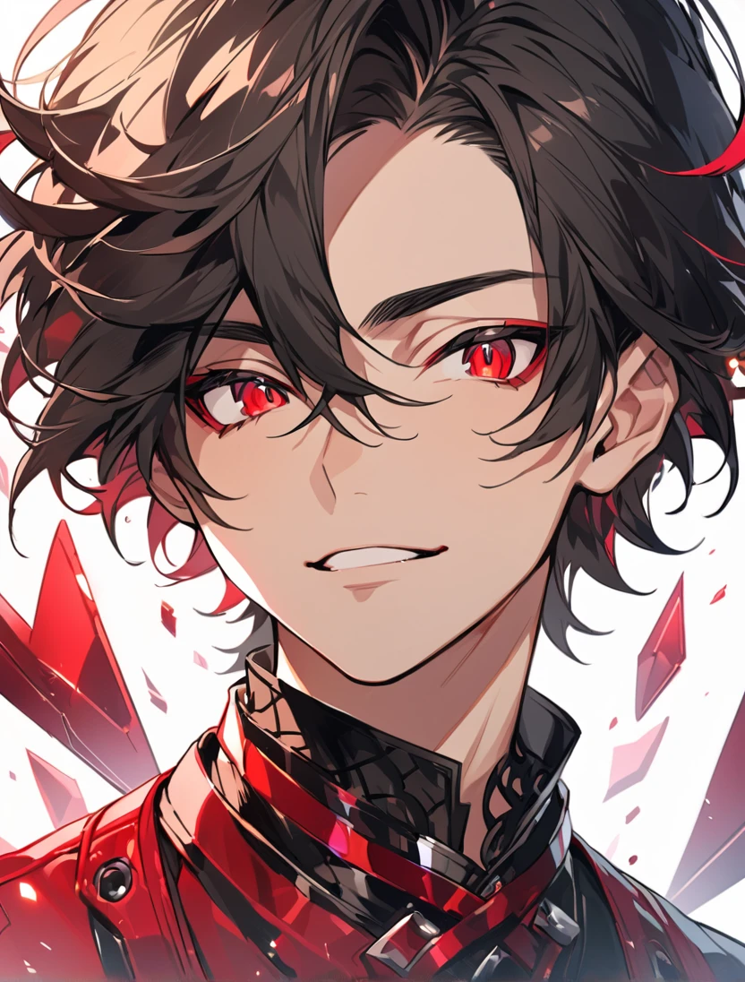 (Black_Hair), (red_ruby_eyes), (Handsome), (attractive), (male), (close_up_shot), (detailed_eyes), (detailed_hair), (clean_hair),  (vertical_pupils), (jawline), (wears_aristrocatic_outfit), (in_his_late_s), (short_hair)