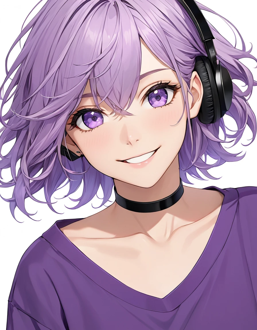 High-resolution anime digital art, Masterpiece, upper body, tomboy, mature, sexy, smart, hair color black, hairstyle short, real detail eyes pupil purple, long purple plain shirt, black chokers, black headphone wireless, Happy face (simple background, white background)