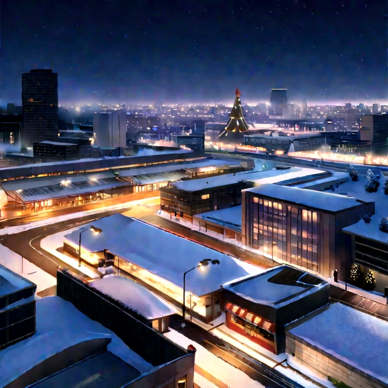 (No People), Unattended, No One, Landscape, Winter, Christmas, City, Tokyo, Sidewalk, Snow, Light Up, Night, HD Detail, Ultra Detail, Film, Hyper Realism, Soft Light, Deep Focus Bokeh, Ray Tracing, Art Station pixivgwise, Makoto Shinkai, Art Germ