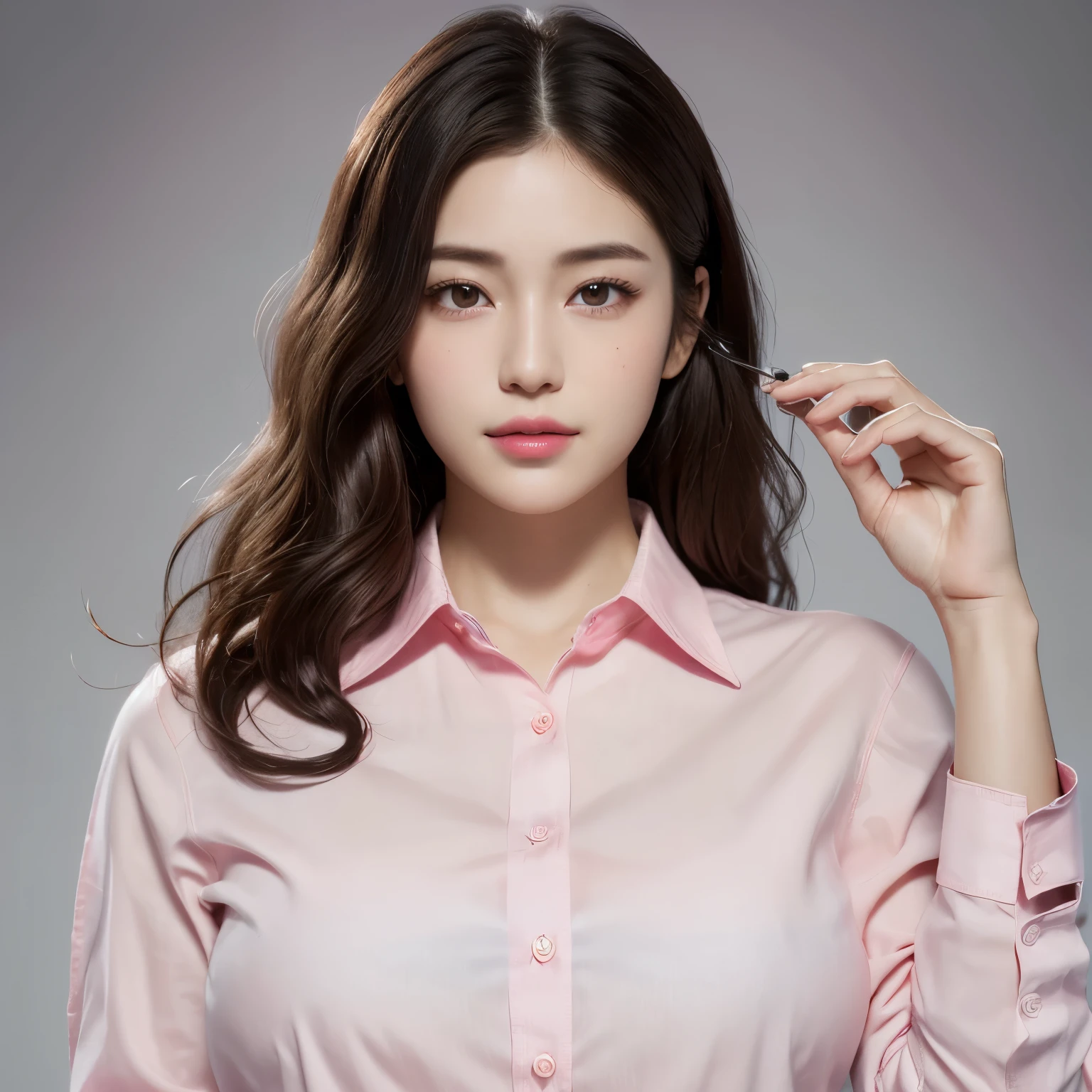 above the knee shot, , (highest quality:1.4), 32k resolution, (Realistic:1.5), (Ultra-realistic:1.5), High resolution UHD, (masterpiece:1.2), (Improvement of quality:1.4), 1 lady, Supermodel, 16 years old, Face Light, Smooth lighting, Japanese women, 0-year-old, Beautiful woman, action, gravure, sexy, A light smile, ((Pink business shirt:1.37)), Perfect Anatomy, Very detailed, (Dark eyes), Symmetrical eyes, Thin lashes, Sharpen your eyebrows, Natural Makeup, [Pink color lipstick], ((A great eye for quality:1.2)), (tired, Sleepy and satisfied:0.0), (Beautiful Lips:1.33), (Great nose:1.2), (Flat Chest), (Slim lower body), Shiny brown hair, Let your bangs hang long, (natural wave hair:1.21), ((Photorealistic)), ((Sharp Focus)), (Highest Resolution), ((The most ridiculous quality)), Fine texture of the collarbone, (Ultra-high resolution:1.6), (Realistic:1.6), Movie Lighting
