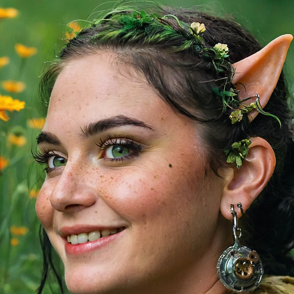 Standing barely taller than a dwarf's knee, this goblin female is a whirlwind of emerald green energy. Her skin, the color of fresh moss, is surprisingly smooth, with only a smattering of freckles dusting her high cheekbones. Her large, almond-shaped eyes sparkle with mischief and intelligence, their irises a captivating amber that catches the sunlight like molten gold. Unlike the stereotypical hooked goblin nose, hers is more of a cute button nose, sprinkled with a dusting of permanent black soot – a charming reminder of her tinkering proclivities.
Her wiry black hair, streaked with surprising emerald green highlights, is pulled back in a messy but practical braid adorned with cogs and tiny gears – a testament to her mechanical aptitude. Pointed ears, characteristic of goblins, peek through the braid, adorned with a single silver earring shaped like a tiny wrench. Although she's short, her build is surprisingly strong and athletic, honed from years of navigating cramped tunnels and tinkering with heavy machinery.
A smattering of tiny freckles across her nose bridge.
A gap-toothed grin that flashes when she's excited or proud.
A mischievous glint in her eyes that hints at playful trouble.
A surprising fondness for brightly colored wildflowers tucked behind her ear.