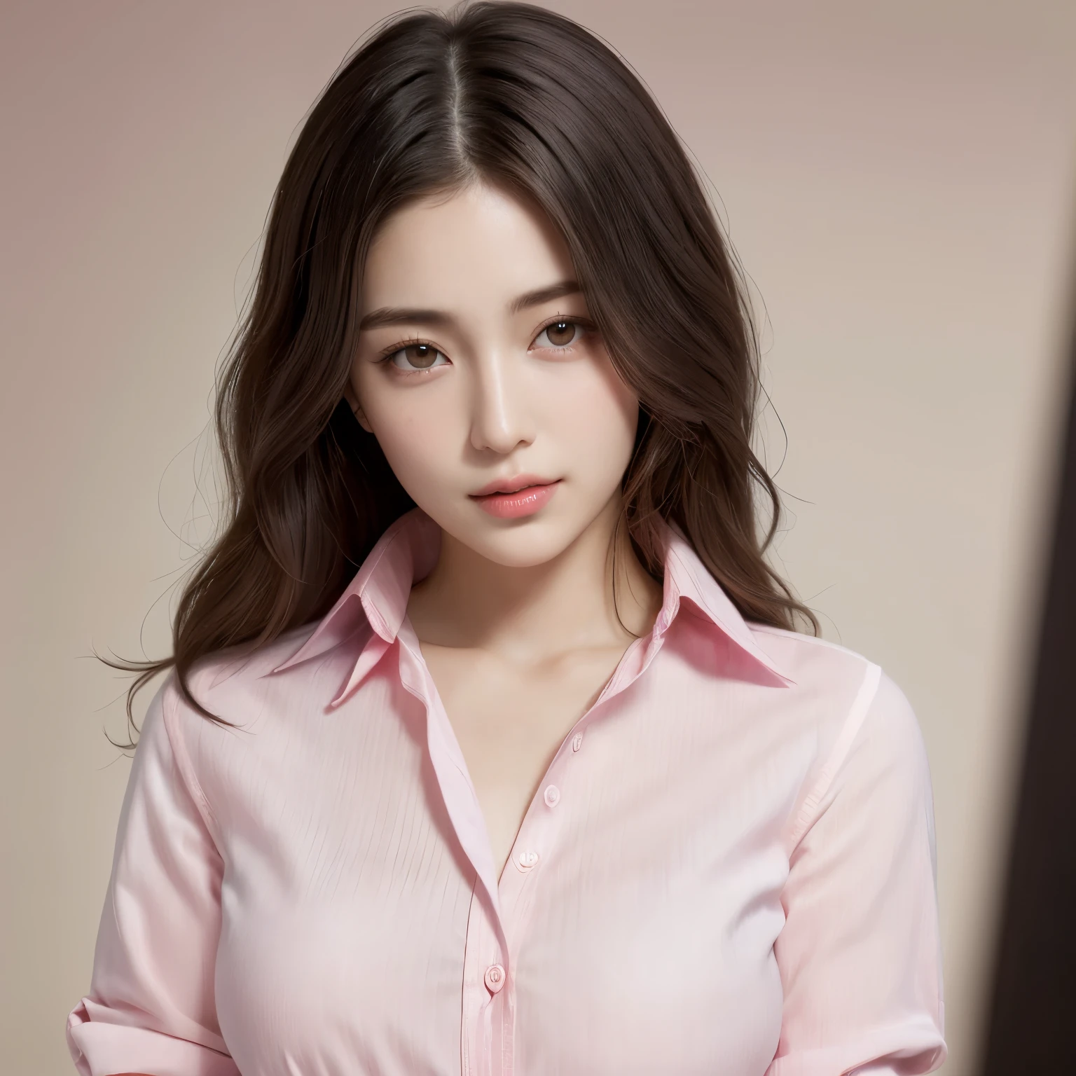 above the knee shot, , (highest quality:1.4), 32k resolution, (Realistic:1.5), (Ultra-realistic:1.5), High resolution UHD, (masterpiece:1.2), (Improvement of quality:1.4), 1 lady, Supermodel, , Face Light, Smooth lighting, Japanese women, 0-year-old, Beautiful woman, action, gravure, sexy, A light smile, ((Pink business shirt:1.37)), Perfect Anatomy, Very detailed, (Dark eyes), Symmetrical eyes, Thin lashes, Sharpen your eyebrows, Natural Makeup, [Pink color lipstick], ((A great eye for quality:1.2)), (tired, Sleepy and satisfied:0.0), (Beautiful Lips:1.33), (Great nose:1.2), (Flat Chest), (Slim lower body), Shiny brown hair, Let your bangs hang long, (natural wave hair:1.21), ((Photorealistic)), ((Sharp Focus)), (Highest Resolution), ((The most ridiculous quality)), Fine texture of the collarbone, (Ultra-high resolution:1.6), (Realistic:1.6), Movie Lighting
