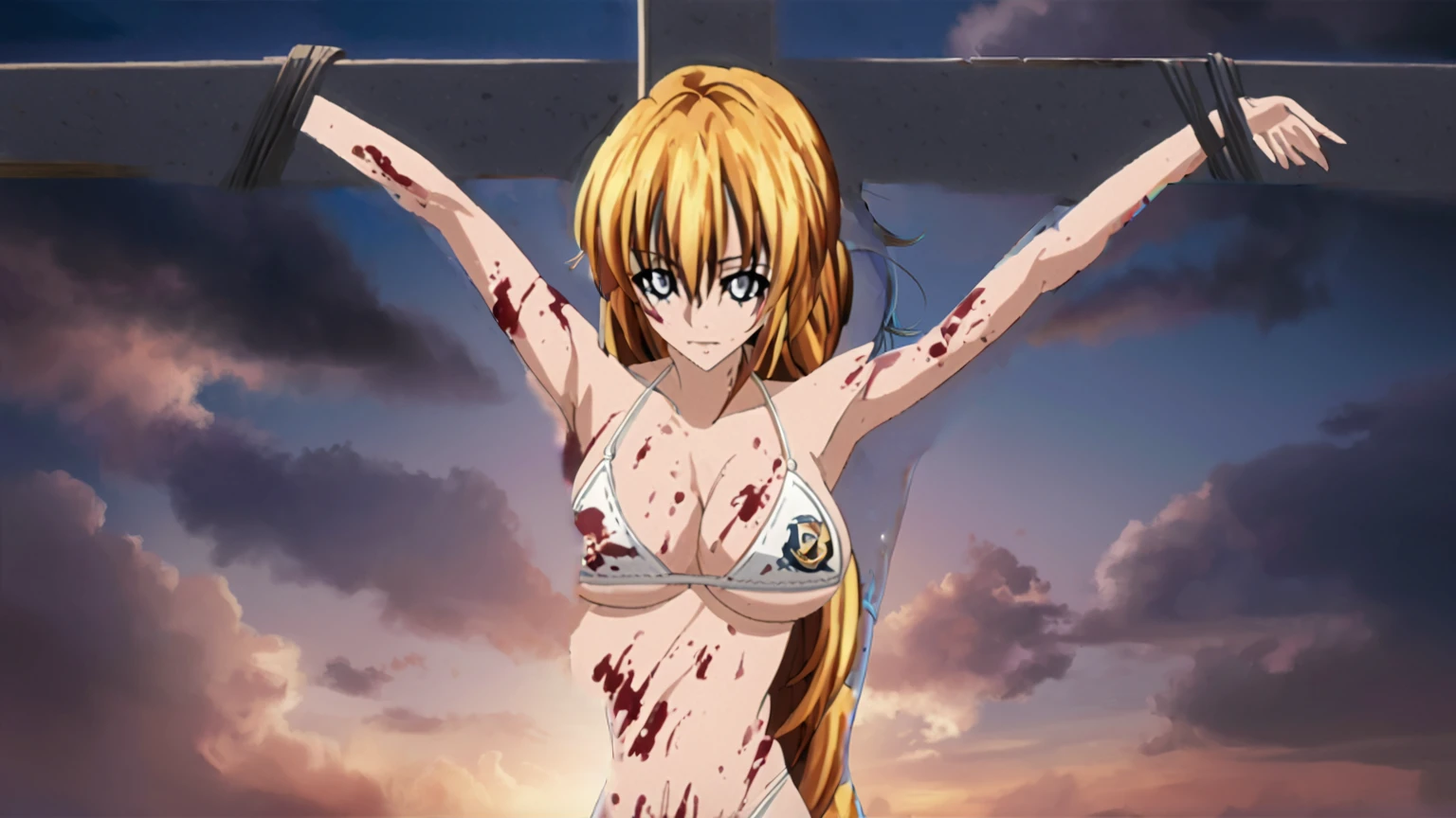 anime girl with blood on her body and a cross on her chest, at pixiv, pixiv contest winner, painted in anime painter studio, top rated on pixiv, seductive anime girl, (anime girl), bikini. background of hell. gore, hd anime wallaper, pixiv 3dcg, made with anime painter studio, 4 k manga wallpaper