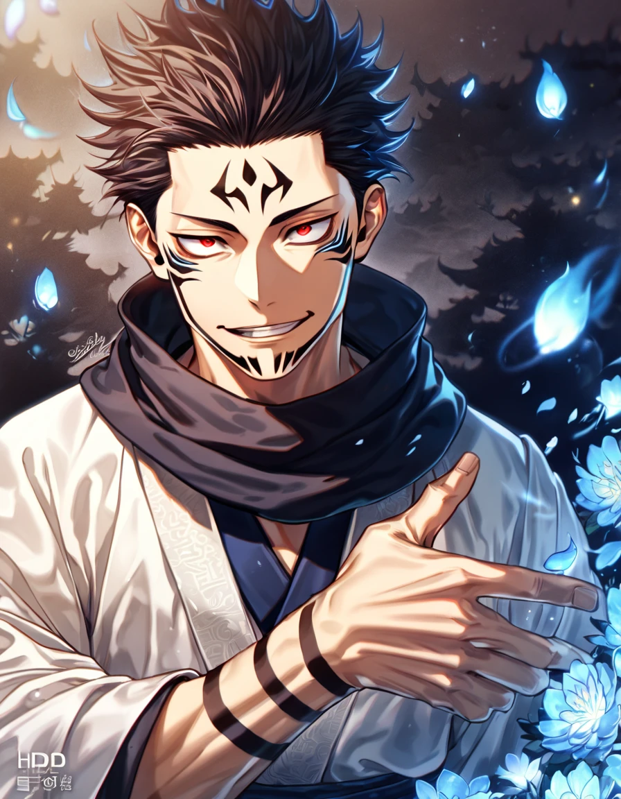 Ultra detailed, highres, absurdres, HDR, master piece, Ryomen Sukuna, black hair, expressive red eyes, Jujutsu Kaisen, blue petals, black scarf, man, solo, best quality, blue flowers, blue shining fireflies, fantasy, magical, handsome, blue moon, white kimono, smirking,