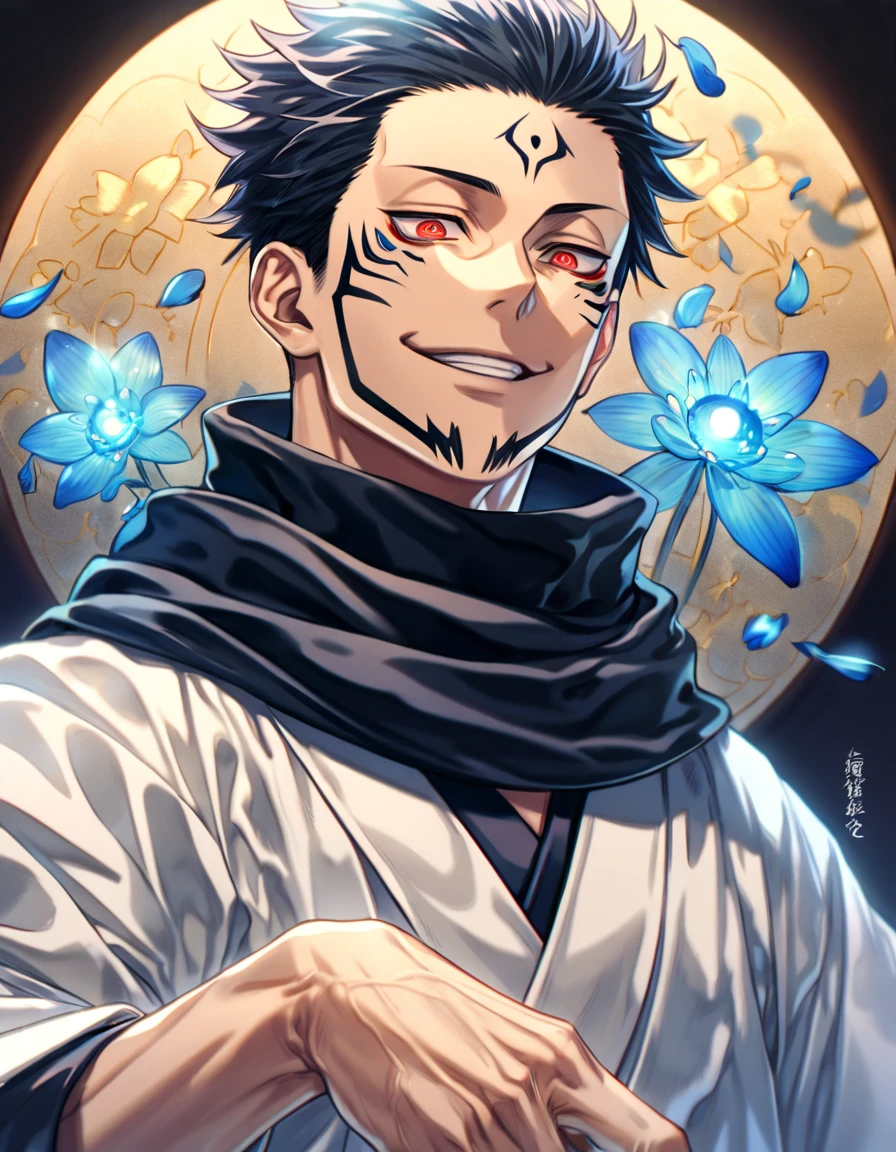 Ultra detailed, highres, absurdres, HDR, master piece, Ryomen Sukuna, black hair, expressive red eyes, Jujutsu Kaisen, blue petals, black scarf, man, solo, best quality, blue flowers, blue shining fireflies, fantasy, magical, handsome, blue moon, white kimono, smirking,