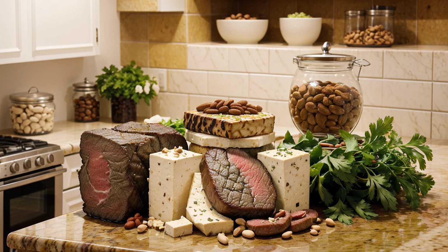 Generate an image of various foods high in protein arranged artistically on a kitchen counter. Include both animal sources (like a steak, fish, and a glass of milk) and plant sources (like beans, nuts, and tofu). Make the foods look vibrant and appealing, with a subtle background of a kitchen in soft focus.