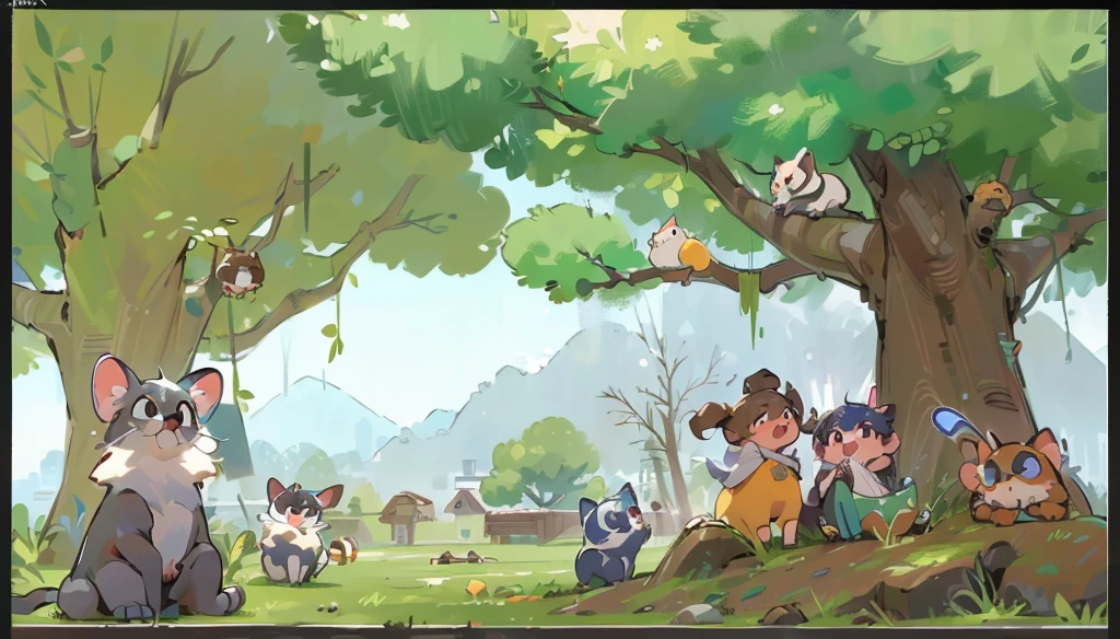 (Best quality,4K,8K,high resolution,masterpiece:1.2),Extremely detailed,(Practical,Realistically,Reality:1.37),A group of small animals playing in the sun，Plenty of sunlight，grassland，rainbow，