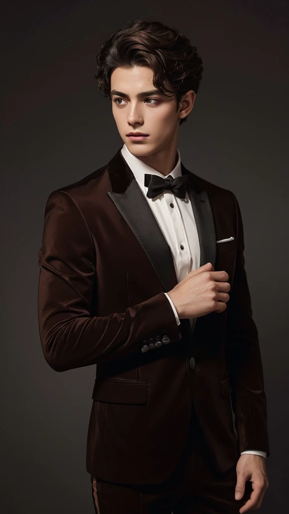 Cinematic photo, wide angle, of a handsom man, 24 years old, shaven , short curly brown hair. dark brown tight velvet suit, with black flower patterns. Minimalistic background, clean composition, strong details, Muted Colours, Hasselblad --style raw