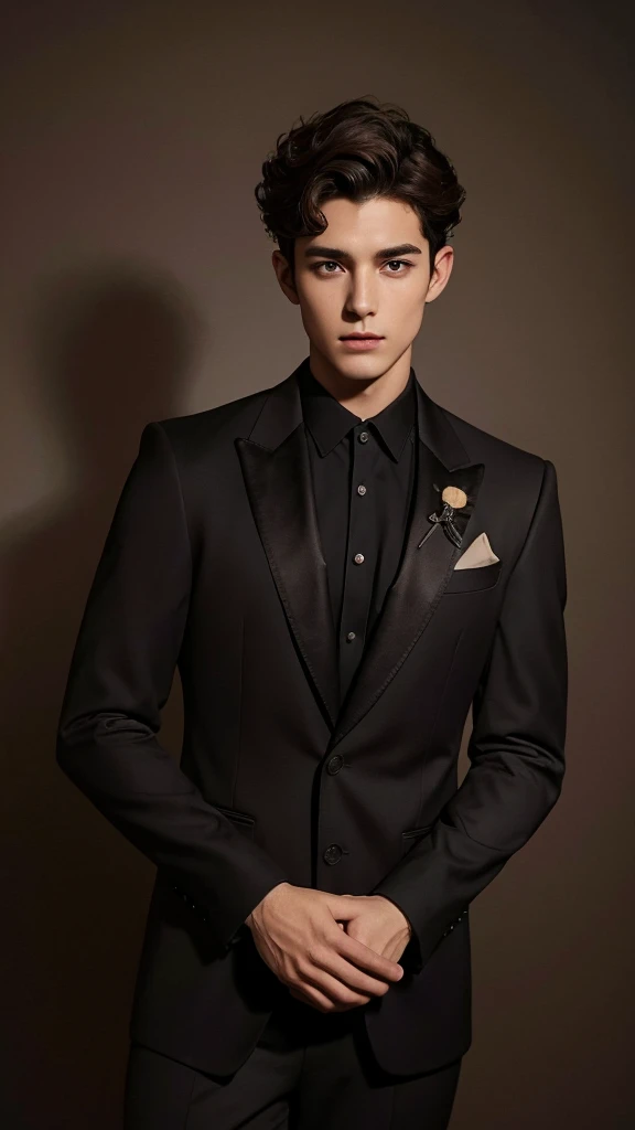 Cinematic photo, wide angle, of a handsom man, 24 years old, shaven , short curly brown hair. dark brown tight velvet suit, with black flower patterns. Minimalistic background, clean composition, strong details, Muted Colours, Hasselblad --style raw