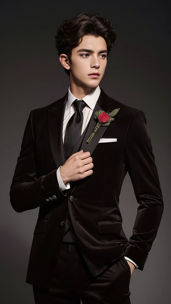 Cinematic photo, wide angle, of a handsom man, 24 years old, shaven , short curly brown hair. dark brown tight velvet suit, with black flower patterns. Minimalistic background, clean composition, strong details, Muted Colours, Hasselblad --style raw