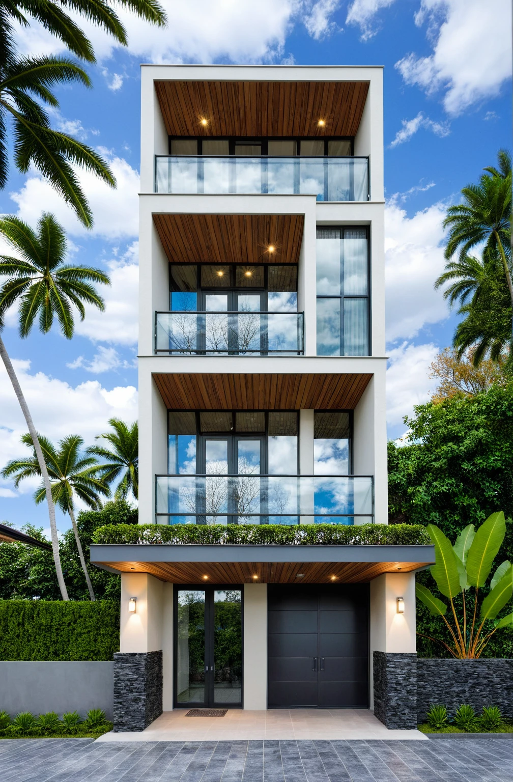 house exterior, modern style, colorful wall, dark granite wall, white ceiling, glass door, glass window, (actual: 1.2), Masterpiece, high quality, best quality, Realistic, super detailed, outdoor, road, sidewalk, grass, trees, sky, clouds, (daylight:1.1)