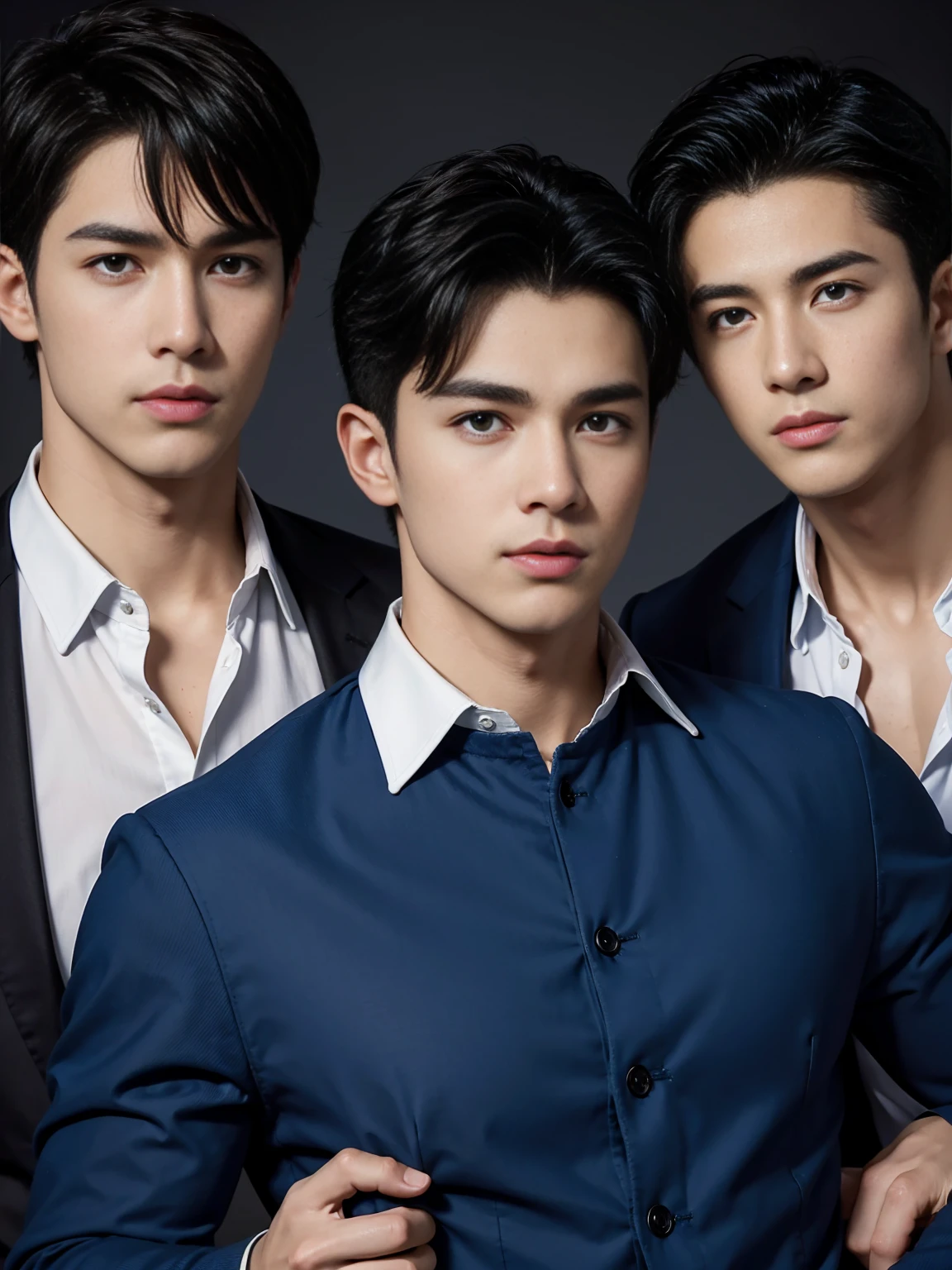((masterpiece)),((best quality)),8K,high detail,Very detailed, Very manly，3 men, like，fashion pose, Realistic skin texture, Light,
Royal blue style couple