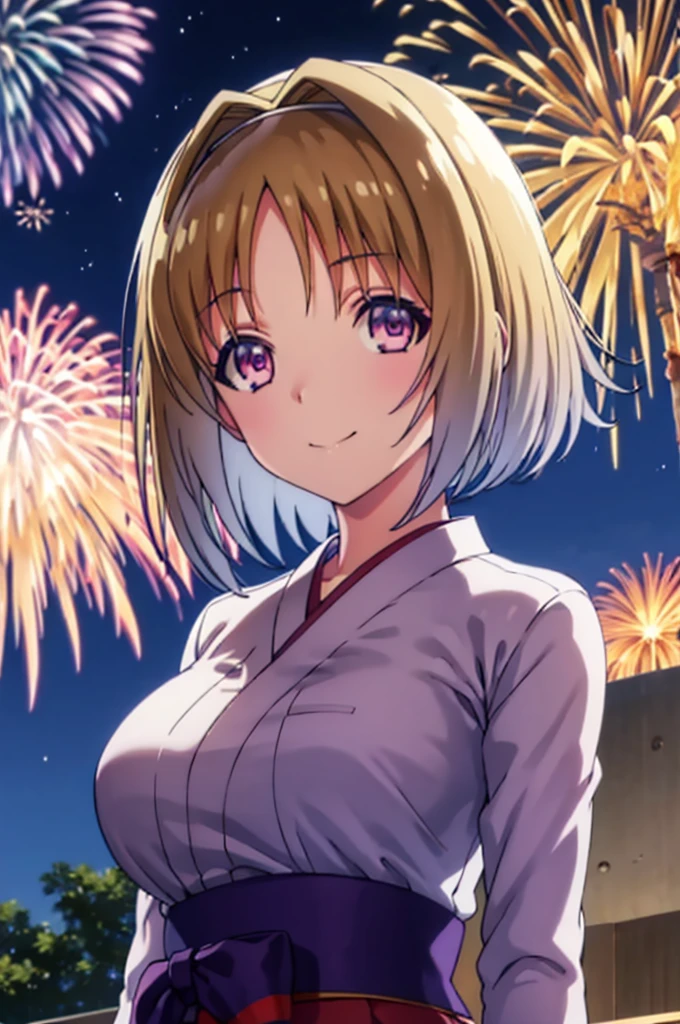 (masterpiece:1.3), (best quality:1.1), (8k, ultra detailed, ultra high res:1.3), ((anime style)), (perfect 5 fingers, perfect anatomy:1.1), 
1girl,
Kushida Kikyou, smile, 
BREAK short hair, bronze hair, purple eyes, yukata, 
BREAK large breasts, looking at viewer, (cowboy shot:1.1), BREAK detail background, outdoor, outside, (floral pattern yukata:1.1), (late night:1.2), sky, (fireworks in night sky:1.2), (night sky:1.1), big fireworks, 