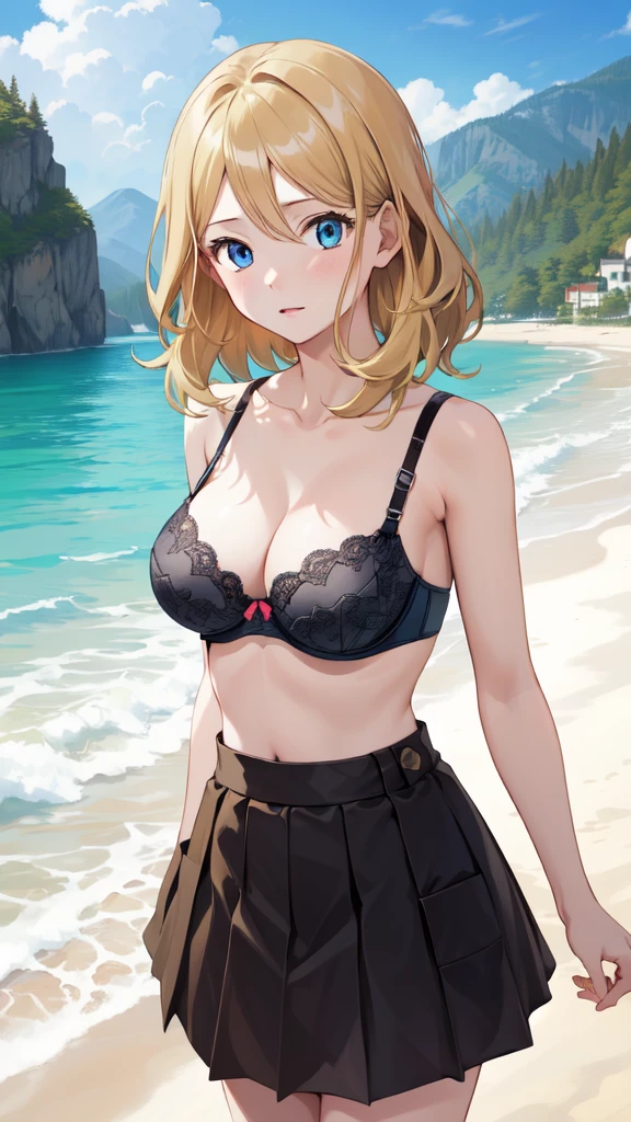 gonzarez, masterpiece, Serenaj, 1girl,l solo,
blue eyes, blonde hair, medium hair, open eyes, resort background , skirt, bra, large breast