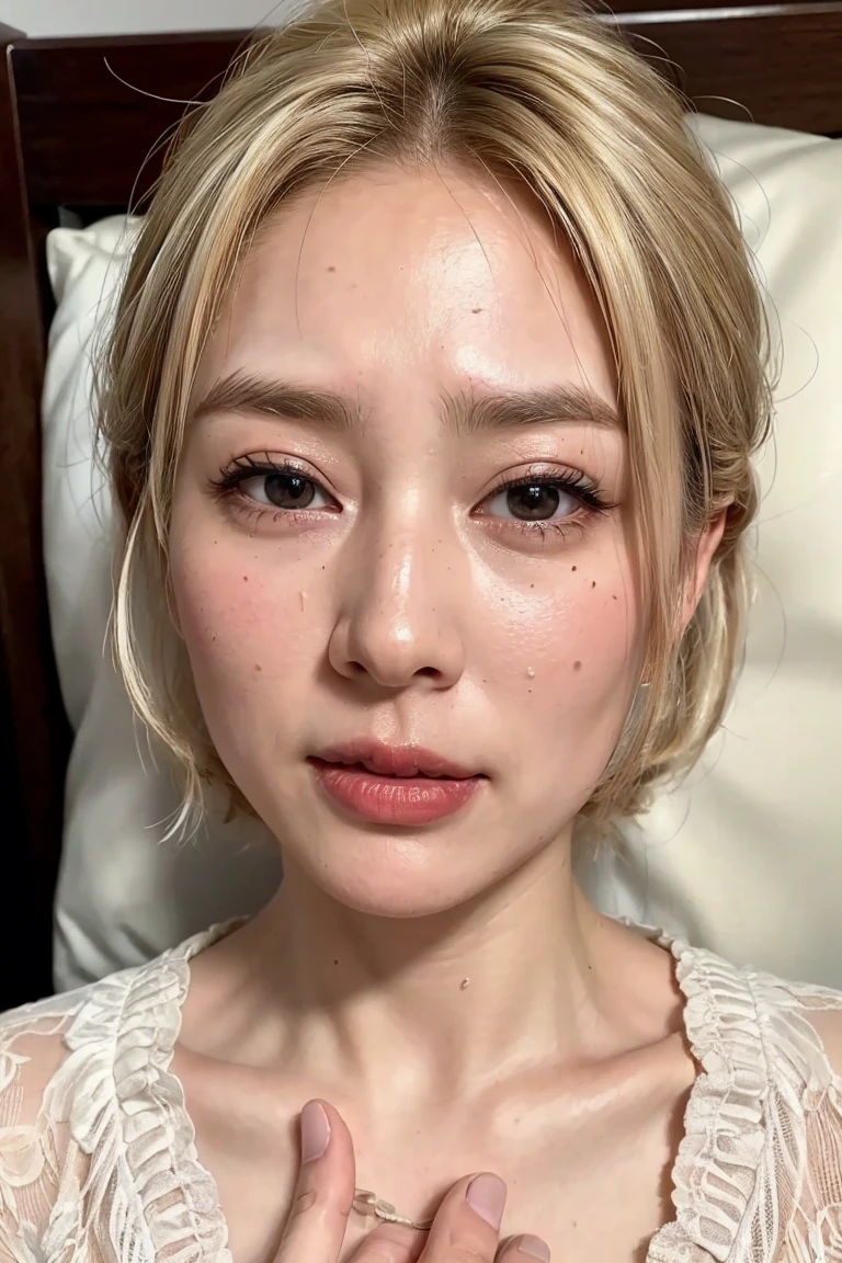 (Realistic:1.3、Ultra HD、Ultra-high resolution、8K、Japanese Housewife、寝室で???????チオをするMature Woman:1.5、At the bed)、((Look Viewer:1.8))、(Extremely realistic skin texture:1.4)、(Realistic:1.3)、short hair、((Embarrassed expression:1.5))、(blonde:1.5)、48-year-old woman、Mature Woman、Ponytail Hairstyles、(Brown eyes:1.3)、(Face close-up:1.38)、(Sweaty:1.2)、(Nipplesを見せる:1.4)、((衣服から突き出たNipples,))、dress、美しいNipples、Nipples、Drooling、((Facial:1.4、???????、Facial ejaculation:1.4、???????))、Browsing Caution:1.4、