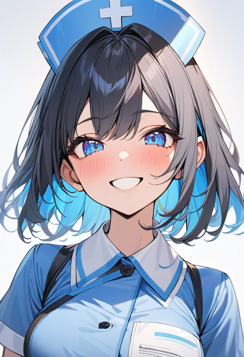 1girl, ((black short hair)) Blue eyeliner, upper body，simple background，blue inner hair, muticolored hair, colored inner hair, solo, masterpiece, best quality, ultra-detailed, happy, small smile, Blue eyes，Blue nurse uniform，Blue nurse cap on head