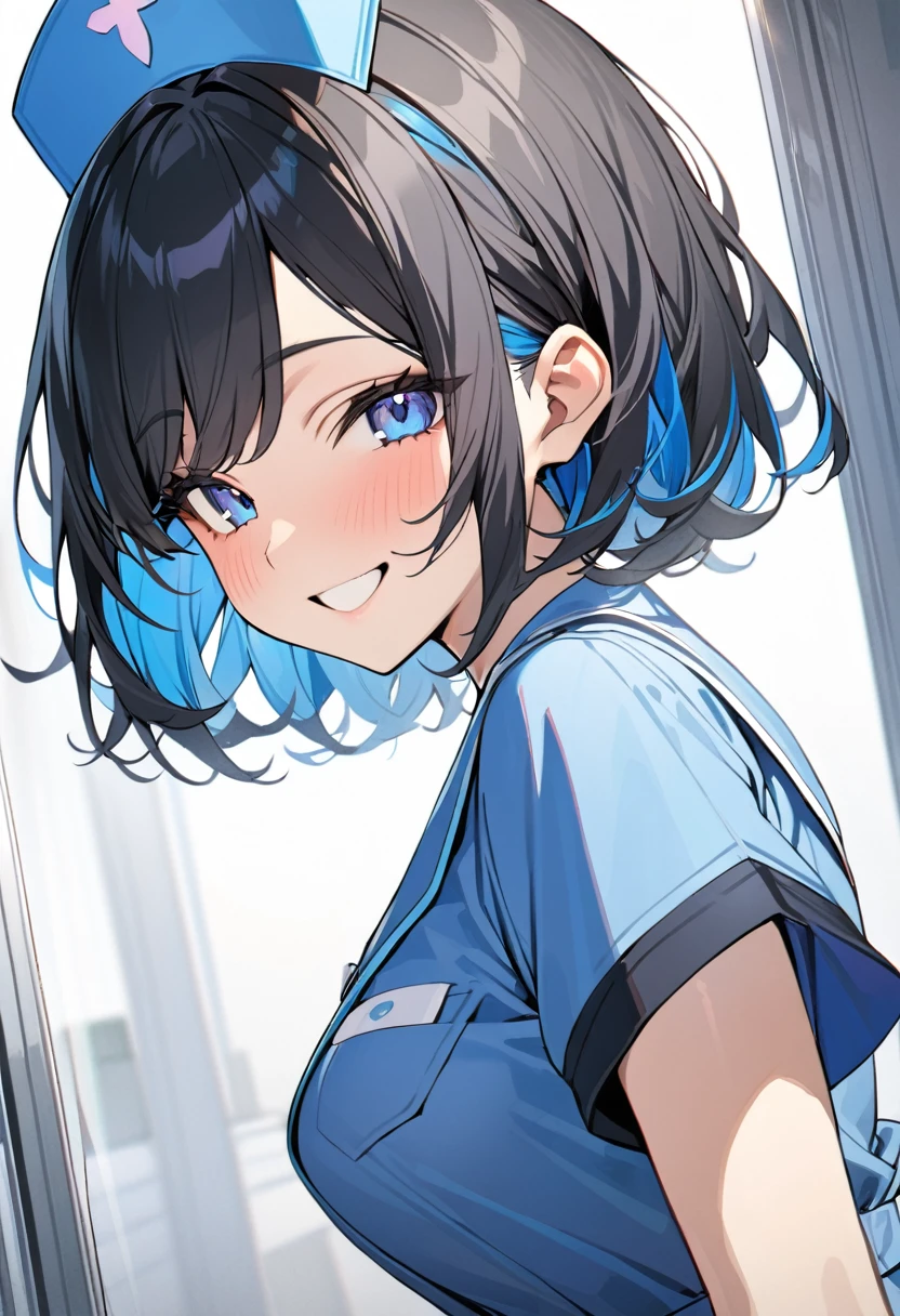 1girl, ((black short hair)) Blue eyeliner, upper body,simple background,blue inner hair, muticolored hair, colored inner hair, solo, masterpiece, best quality, ultra-detailed, happy, small smile, Blue eyes,Blue nurse uniform,Blue nurse cap on head