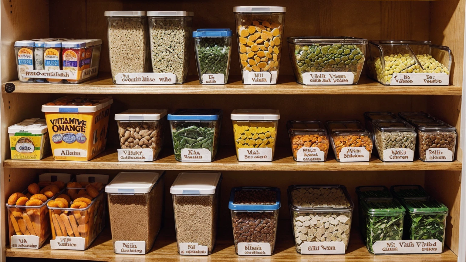 Create an image of two distinct shelves: one labeled "Water-Soluble Vitamins" with items like oranges (Vitamin C) and whole grains (B vitamins), and the other labeled "Fat-Soluble Vitamins" with items like carrots (Vitamin A), milk (Vitamin D), almonds (Vitamin E), and spinach (Vitamin K). The shelves should be neat and well-lit, giving a clear view of each vitamin source.