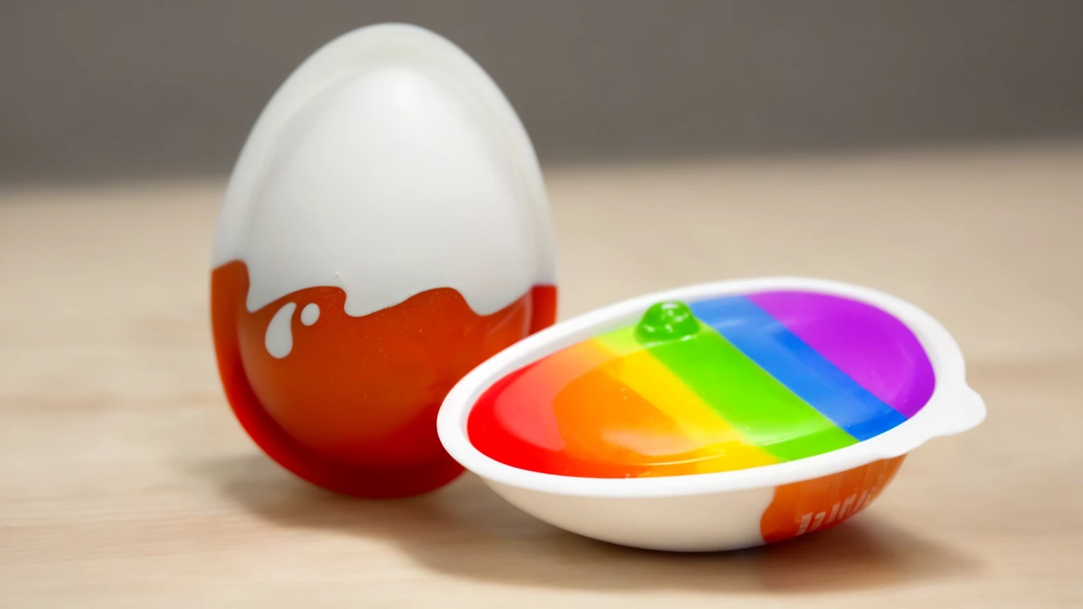 on a wooden table, стоят две половинки plasticового яйца Kinder. Kinder egg-shaped packaging ((plastic)). in one of the halves there are rainbow drips of chocolate cream, Multiple light sources, Beautiful sunlight, bright lighting, Realistic style , realistic texture, detailed texture, A high resolution, high quality, macro photo, ultra hd 4k quality.