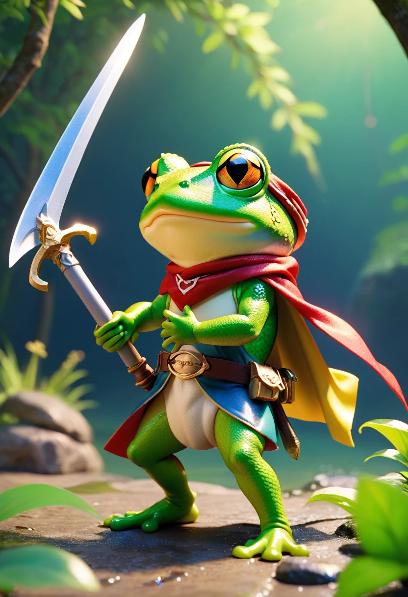 Esbian all over、Cool Frog、Pop Frog、Diorama、Simple Background、bandana、Holding a big sword in his hand、Brave、Cape、Best Quality, Capture the cutest moments, Depth of written boundary, Super detailed, Ultra-high resolution, Octadale, 8k, 16km race