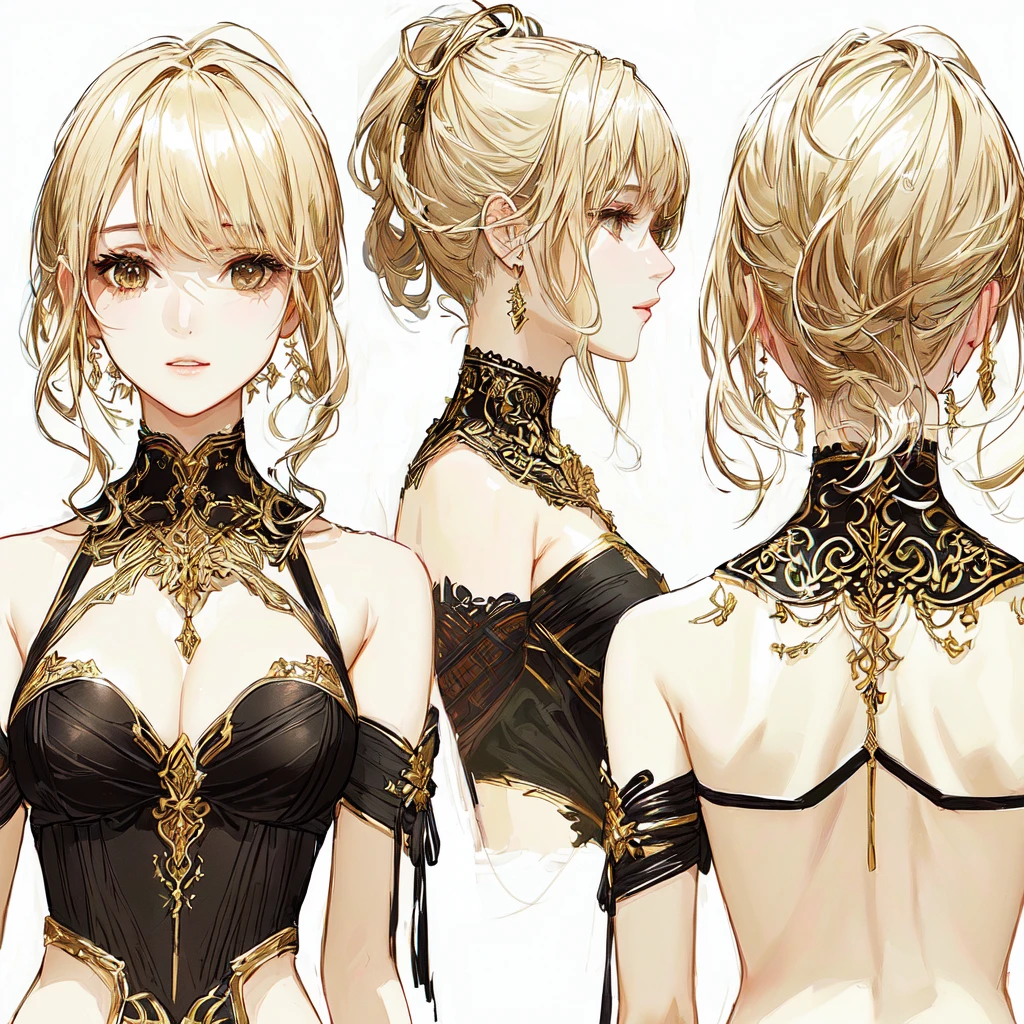 High quality, realistic texture illustrations, Delicate costume design, Deep black cloth bondage, Shiny gold decoration, Satin-like texture, Realistic color tones, 