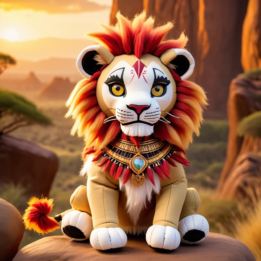 (knitted toy voodoo doll:1.7), (Voodoo Doll in a Lion King Setting:1.3), (Clothing: regal lion attire with a mane:1.0), (Accessories: enchanted lion paw emitting a golden glow, floating animal spirits:1.1), (background: majestic Pride Rock with a savannah landscape, dramatic sunrise, and an atmosphere of royal destiny:1.2), best quality, masterpiece, detailed soft oil painting, detailed background, dramatic cinematic lighting, soft edge lighting, professional, dramatic lighting, hard edge lighting, ultra quality, 4k, masterpiece, best quality, 8k, ultra high definition, high resolution, extremely detailed