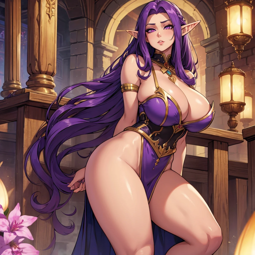 Beautiful woman , very long hair, elf ears , purple hair , golden eyes , big bust , light skin , mature woman ,huge breasts,arms above head