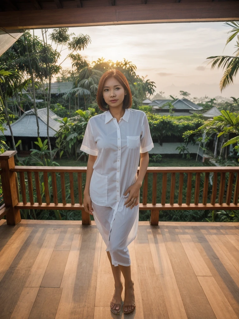 Mina, 1girl, solo, realistic, photorealistic, high quality picture, 8k, high resolution, detailed quality, film grain, natural photo, ultrarealistic, (((25-years-old))), ((detailed wrinkles in her face)), FILIPINA, (Background: Indonesian), (((SLIM))), ((THIN)), (Slender) (Auburn Short hair)), come hither look, fully clothed, Pose: standing, ((standing on her patio in her house in Indonesia)), sunrise, full shot