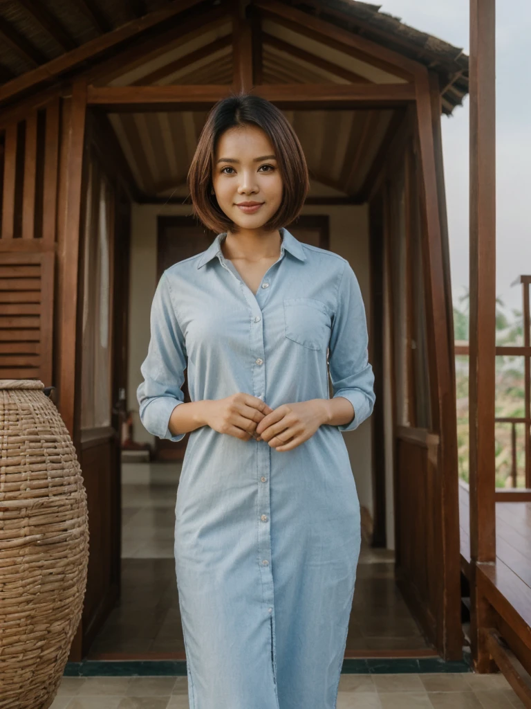 Mina, 1girl, solo, realistic, photorealistic, high quality picture, 8k, high resolution, detailed quality, film grain, natural photo, ultrarealistic, (((25-years-old))), ((detailed wrinkles in her face)), FILIPINA, (Background: Indonesian), (((SLIM))), ((THIN)), (Slender) (Auburn Short hair)), come hither look, fully clothed, Pose: standing, ((standing on her patio in her house in Indonesia)), sunrise, full shot