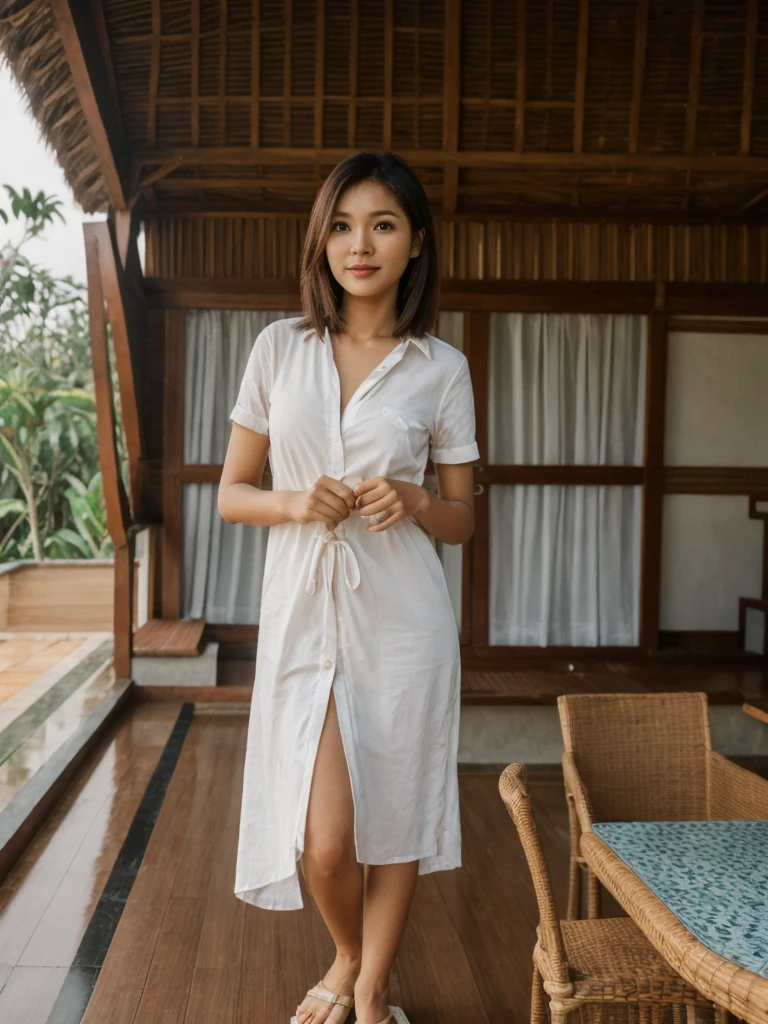 Mina, 1girl, solo, realistic, photorealistic, high quality picture, 8k, high resolution, detailed quality, film grain, natural photo, ultrarealistic, (((25-years-old))), ((detailed wrinkles in her face)), FILIPINA, (Background: Indonesian), (((SLIM))), ((THIN)), (Slender) (Auburn Short hair)), come hither look, fully clothed, Pose: standing, ((standing on her patio in her house in Indonesia)), sunrise, full shot
