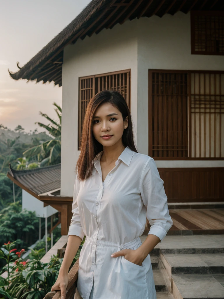 Mina, 1girl, solo, realistic, photorealistic, high quality picture, 8k, high resolution, detailed quality, film grain, natural photo, ultrarealistic, (((25-years-old))), ((detailed wrinkles in her face)), FILIPINA, (Background: Indonesian), (((SLIM))), ((THIN)), (Slender) (Auburn Short hair)), come hither look, fully clothed, Pose: standing, ((standing on her patio in her house in Indonesia)), sunrise, full shot