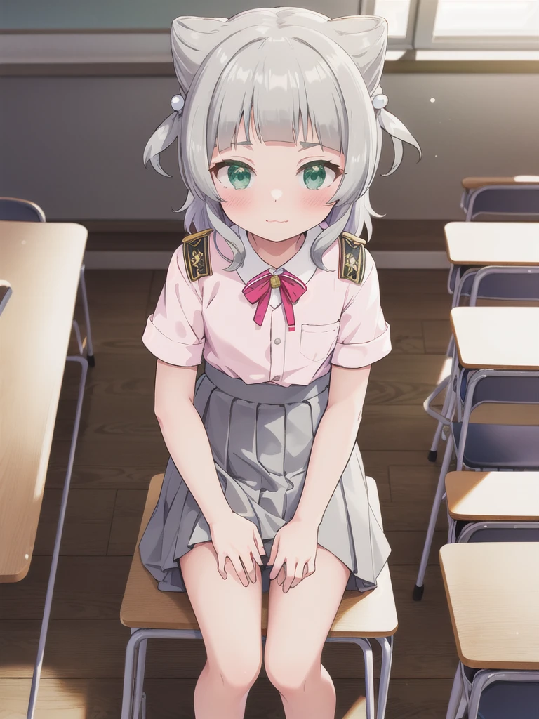 indoor,((classroom)),Focus from above, Green Eyes, Grey Hair, hair ornaments, bangs, Virtual YouTuber, blunt bangs, Double Bang, Animal ears, Flat Chest,uniform,Grey Skirt,skirt lift,Pink Panties,blush,boy,Cover your head with a skirt,Men are down,Woman on top,(Piggyback ride),
