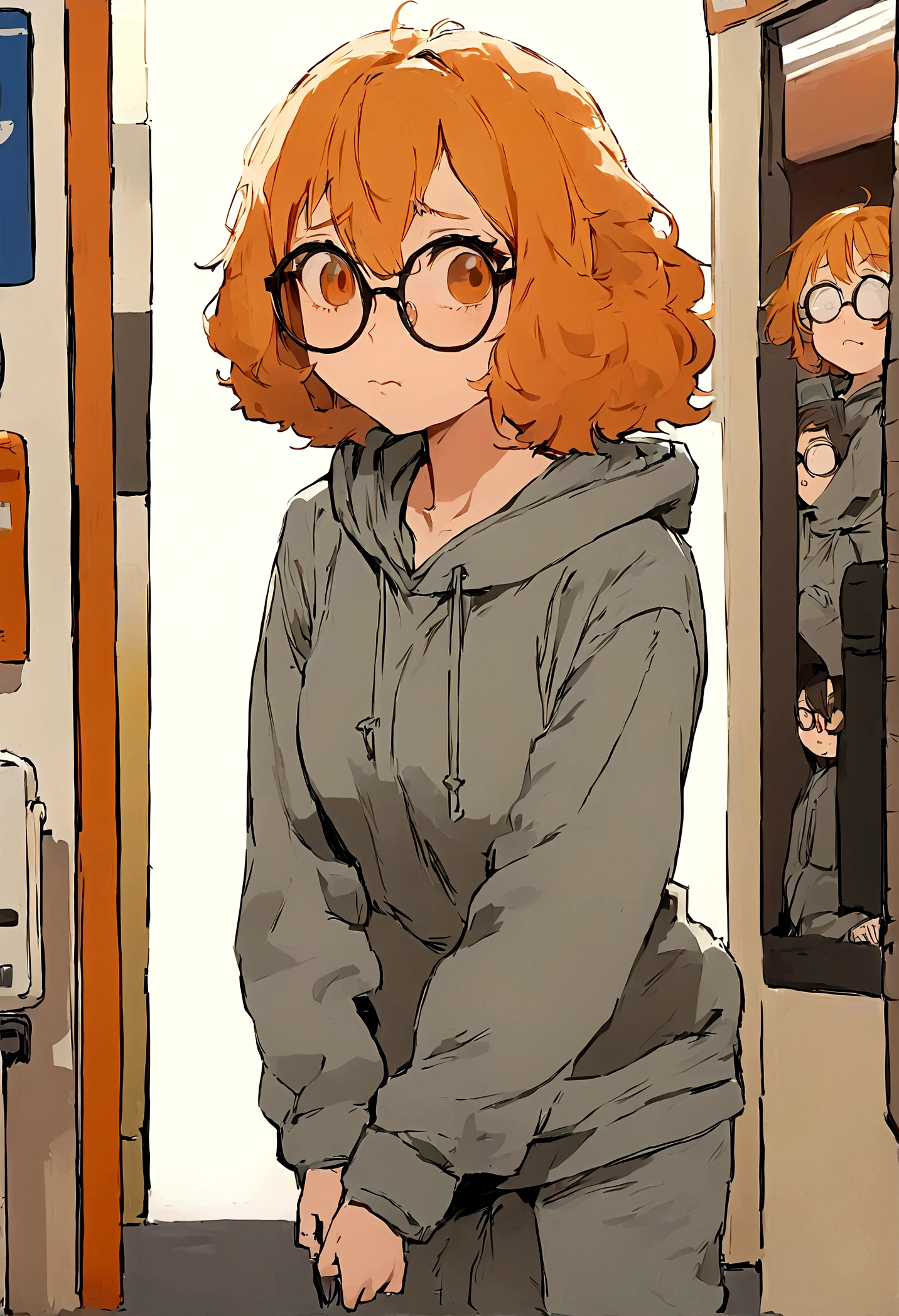 A girl with an awkward expression, wearing a gray hoodie and wooly gray pants. She wears rounded glasses with the left lens being slightly cracked. Her hair is shoulder length, and is a bit messy. Her eyes are orange colored... And is hanging out inside the gas station convenience store.