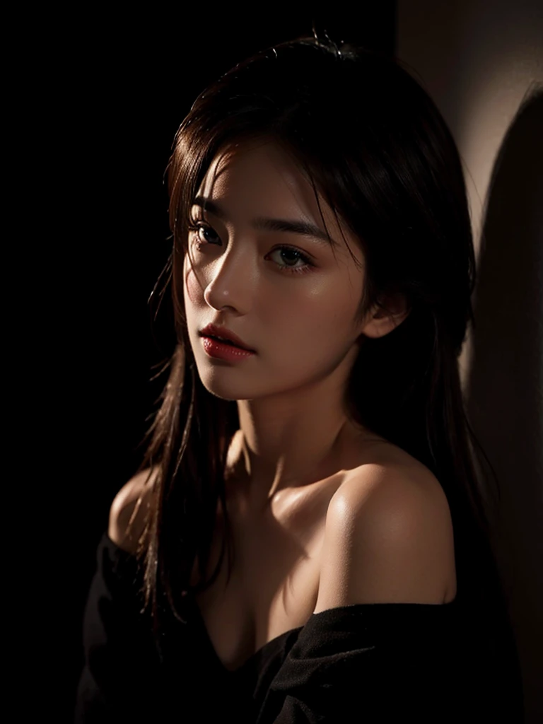 Highest quality、masterpiece、Ultra-high resolution、(Realistic:1.4)、1 girl、Off the shoulder、In the Dark、Deep Shadow、Low Key